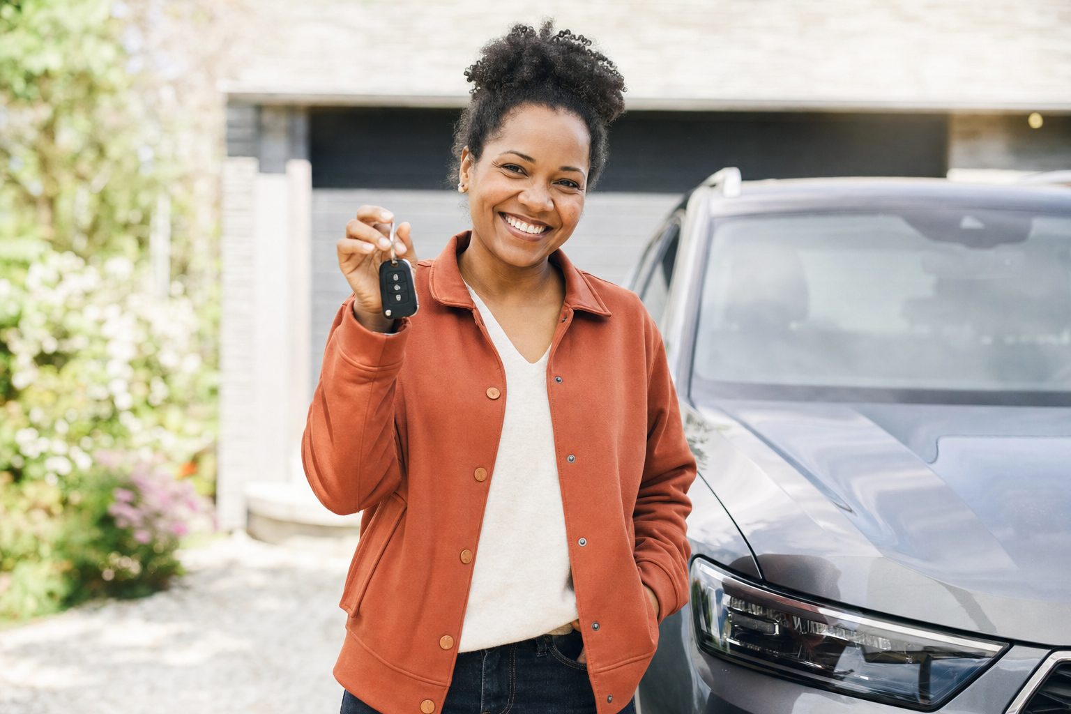 Une personne heureuse avec sa nouvelle auto